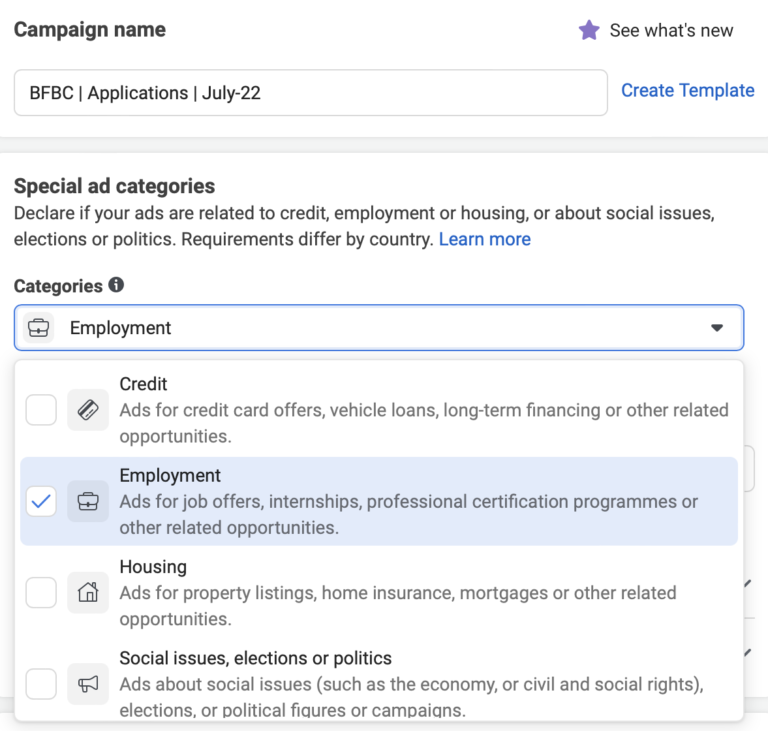Facebook ad campaign special ads category
