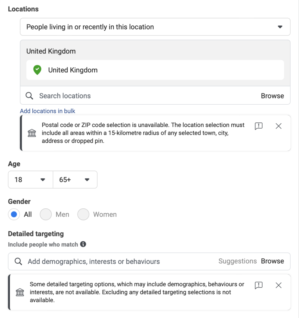 Facebook ad set level, targeting