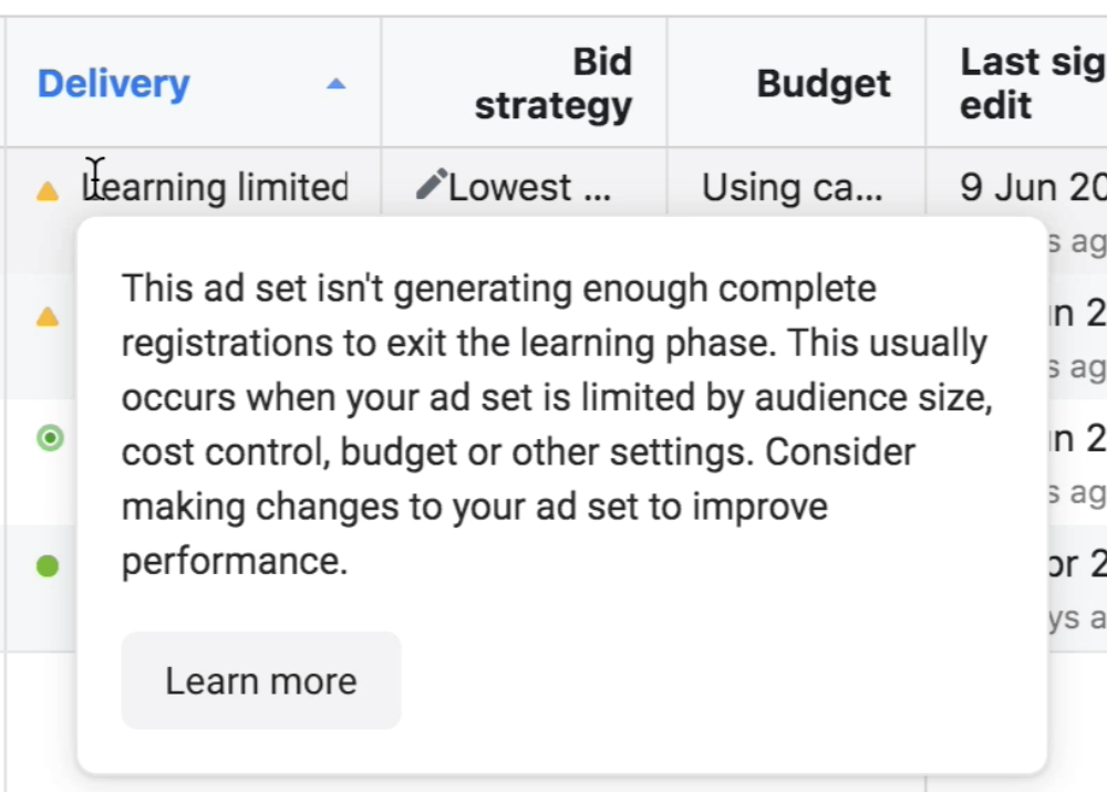 learning limited on Facebook ads manager